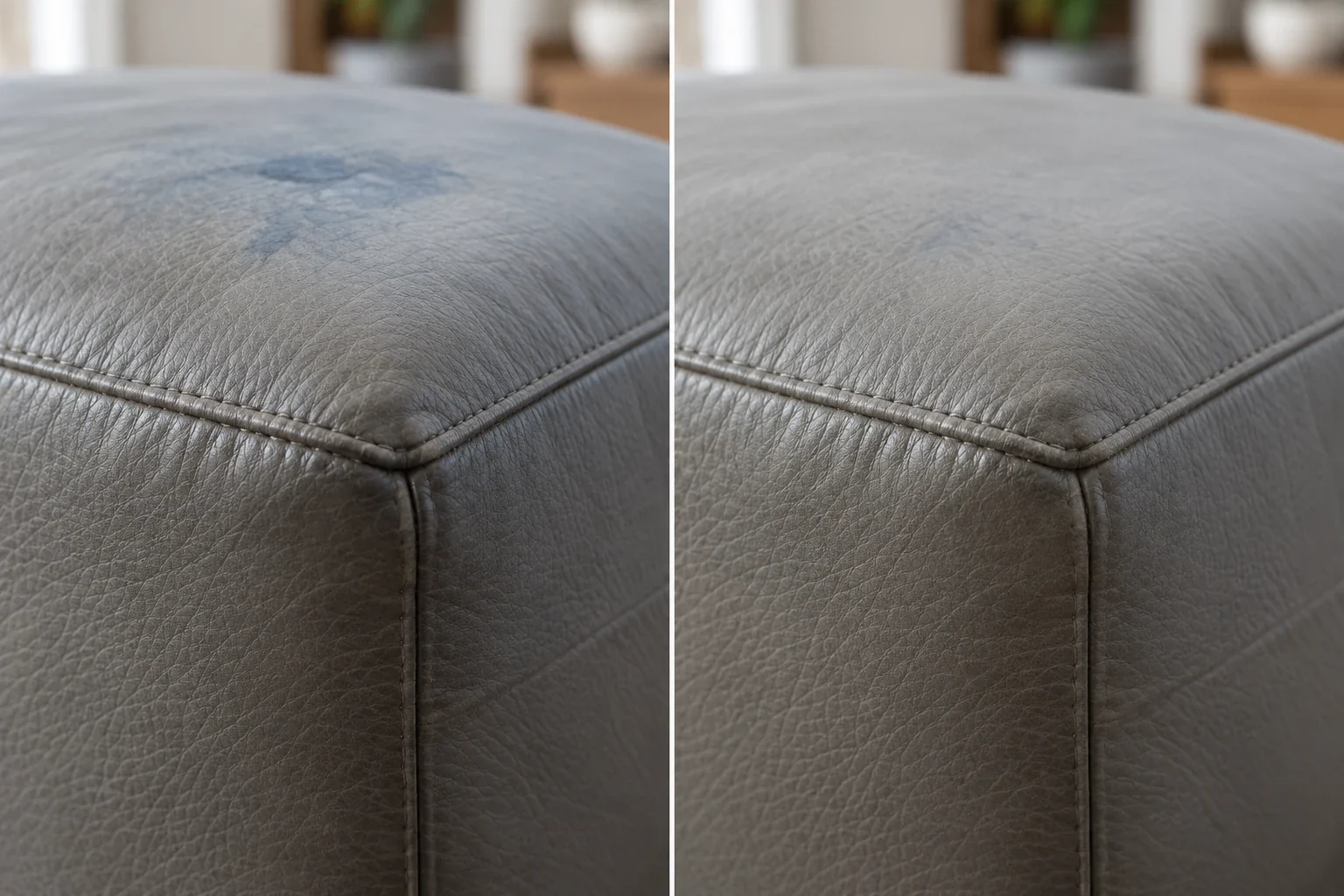 Blue ink blot on a grey ottoman before and after