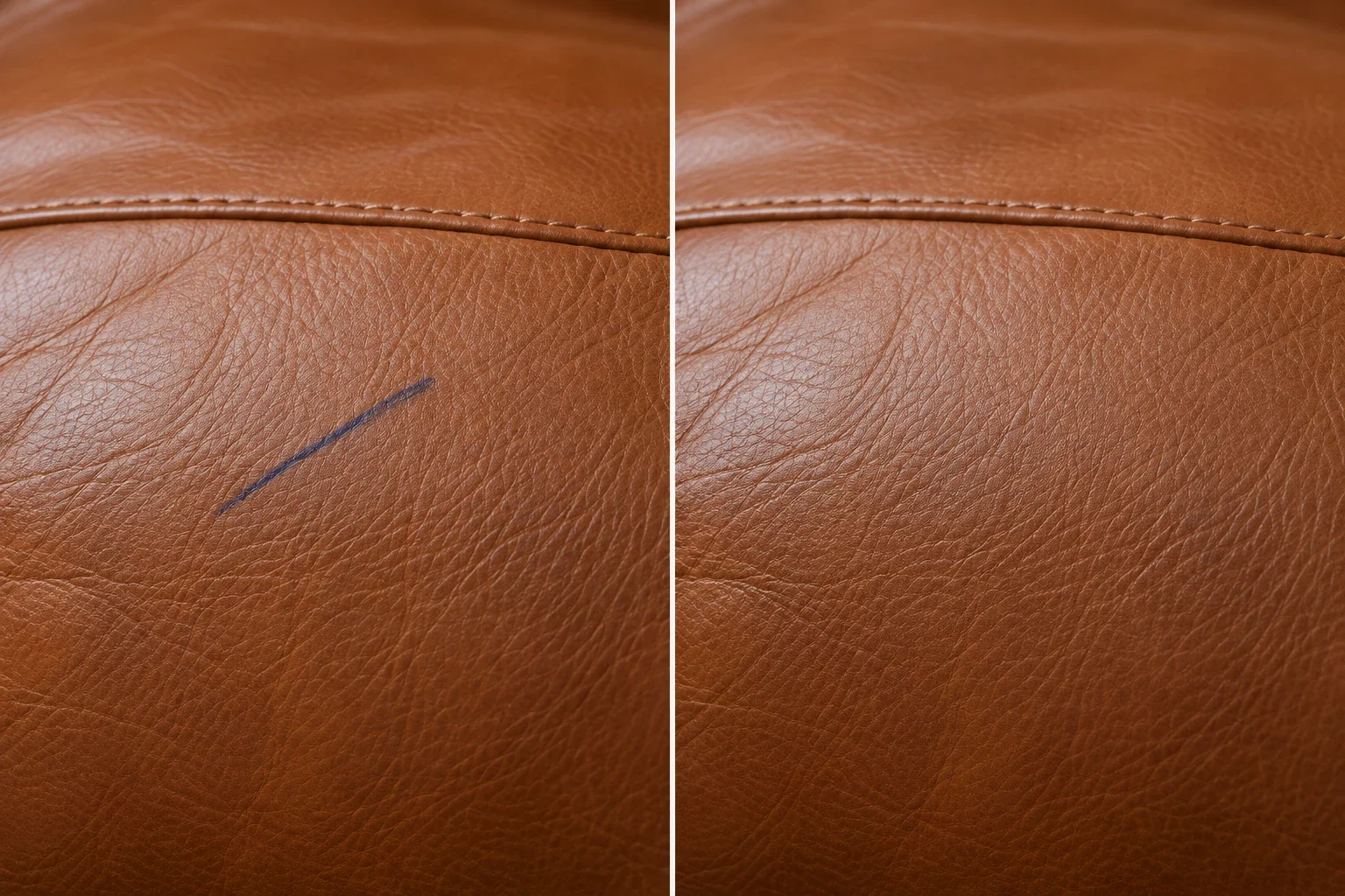 Pen line on a tan sofa before and after