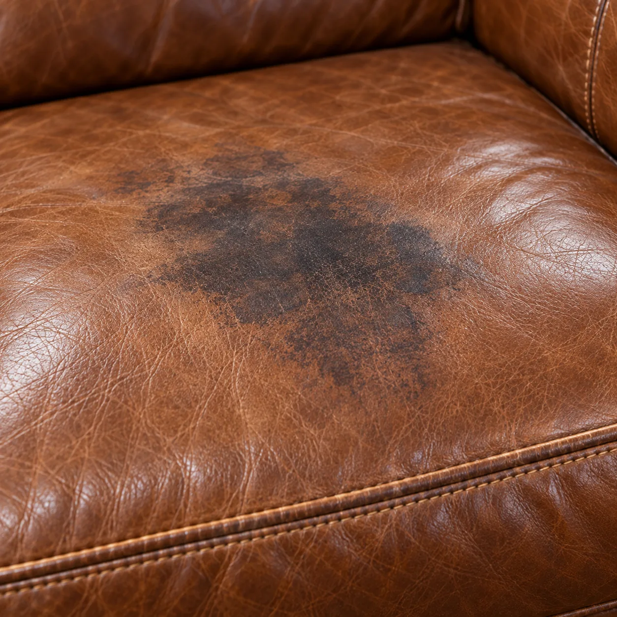 A dark stain on a cognac leather couch seat