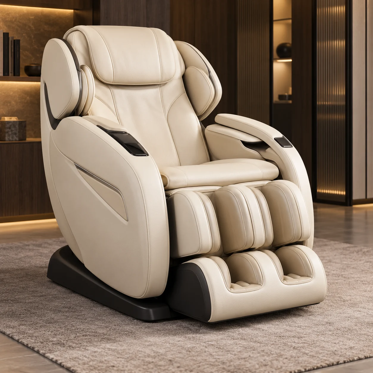 An ivory leather massage chair in a modern room with warm lighting