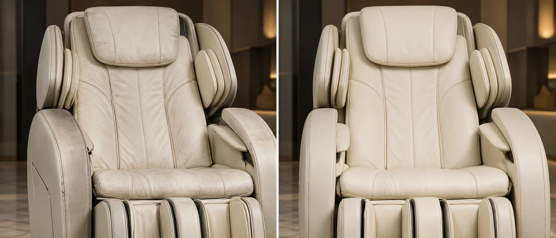 A cream leather massage chair before and after restoration, shown side by side