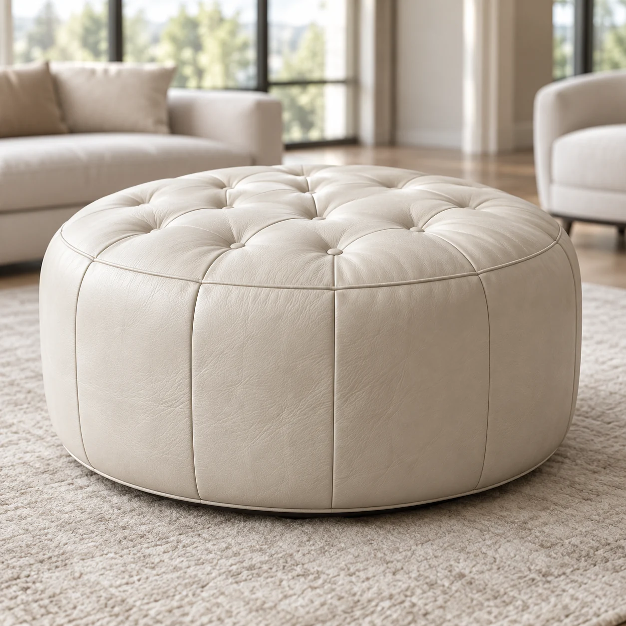 An ivory round deep-tufted leather ottoman