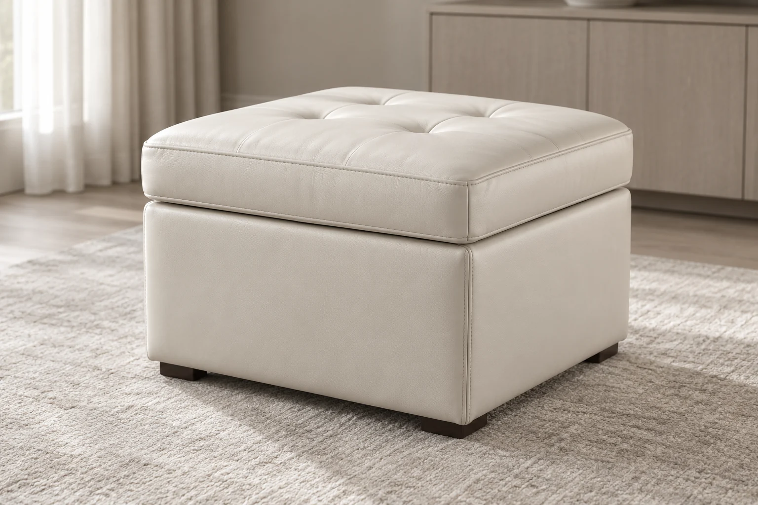 An ivory leather square storage ottoman with a lift-off tufted lid