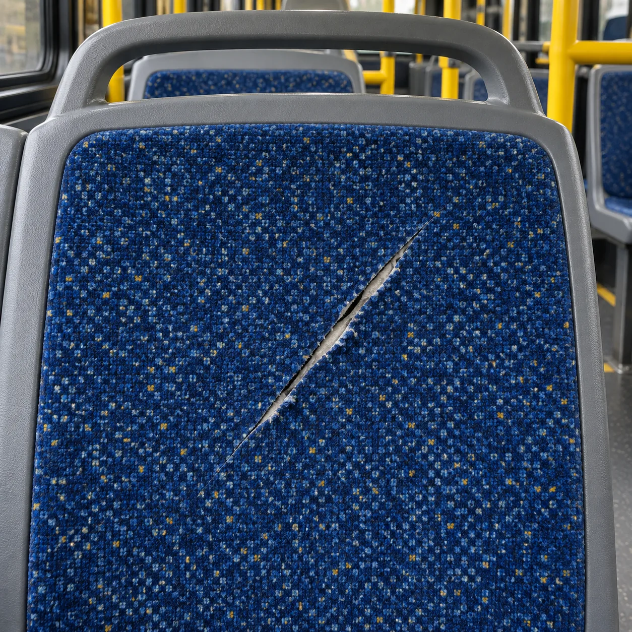 A knife slash across a blue moquette bus seat back