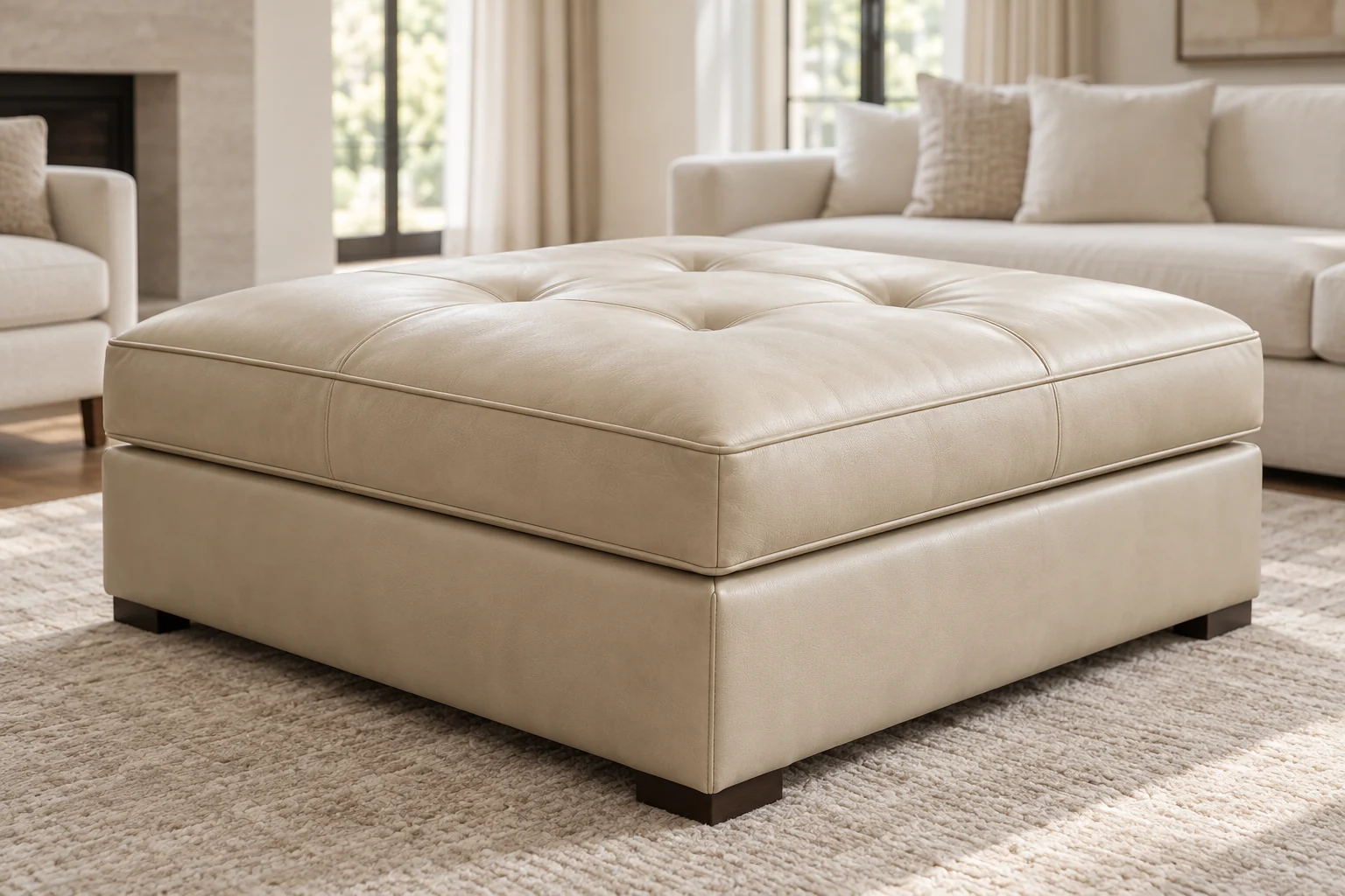 A large cream tufted square leather ottoman used as a coffee table