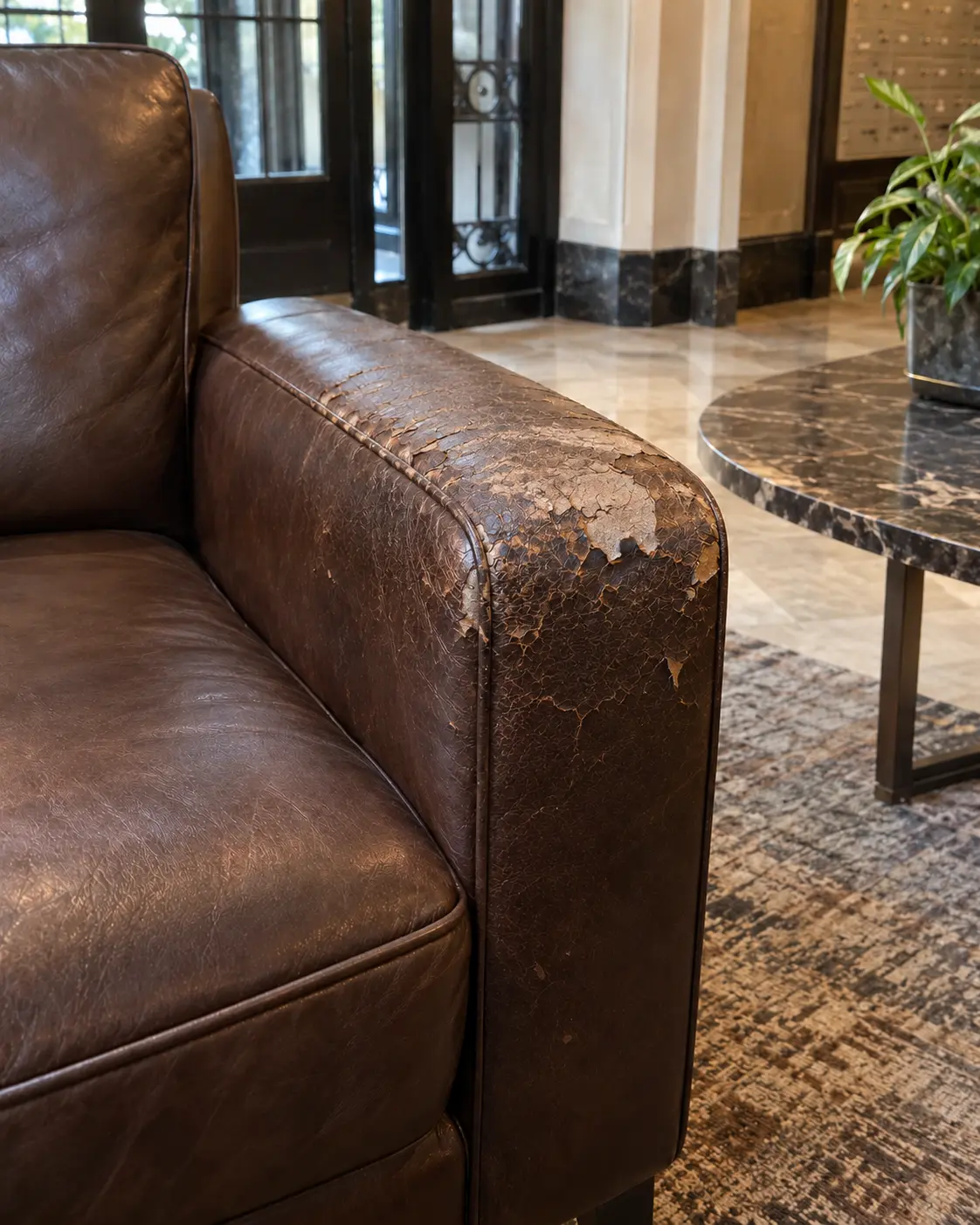 Cognac chair arm cracked through