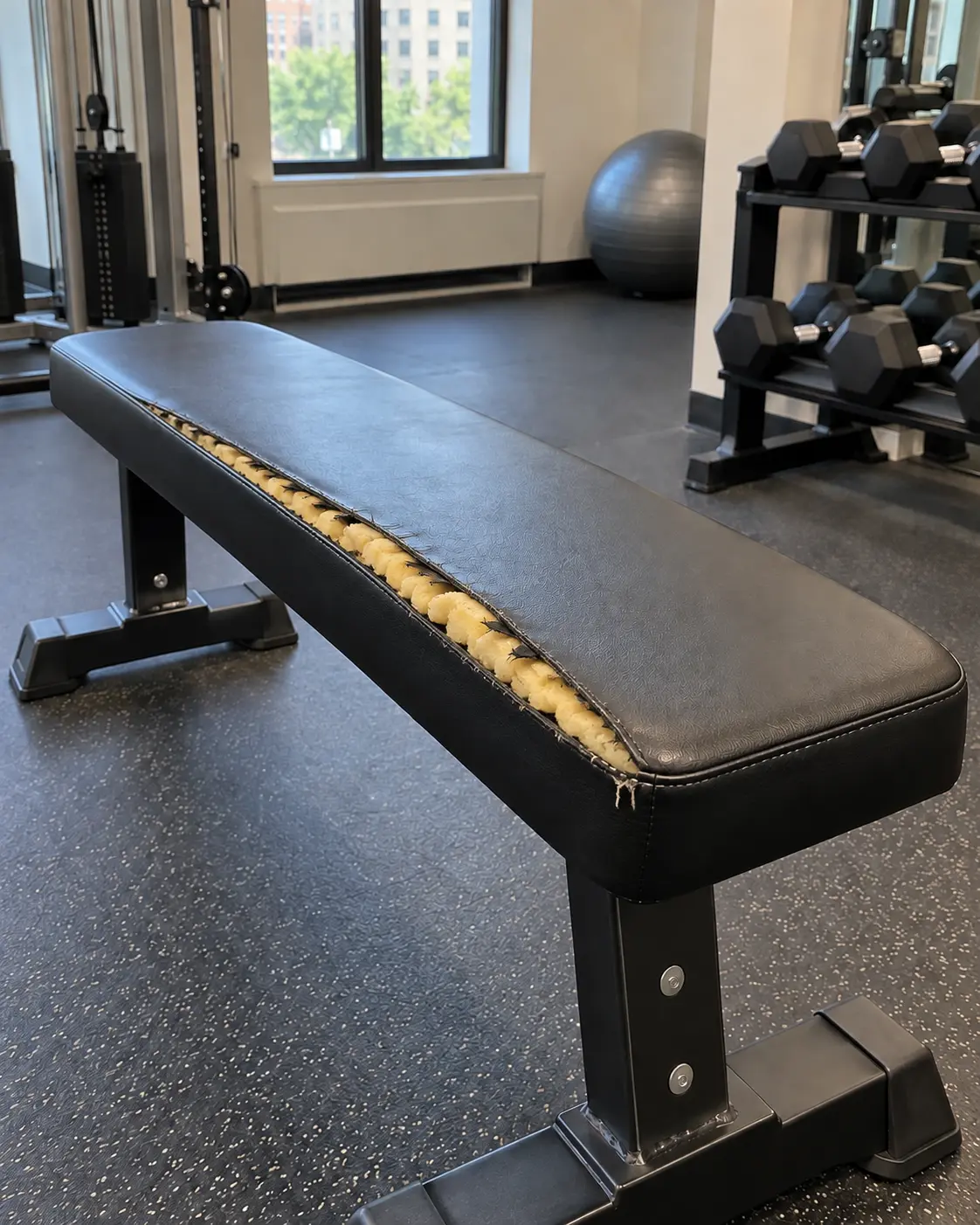 A vinyl bench split wide open with foam bulging out