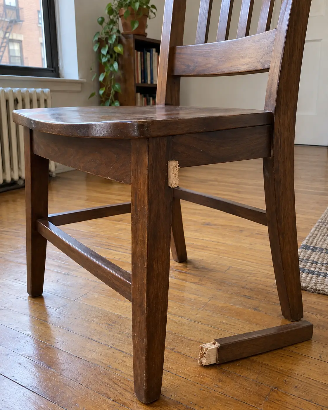 Wooden chair with a leg broken off