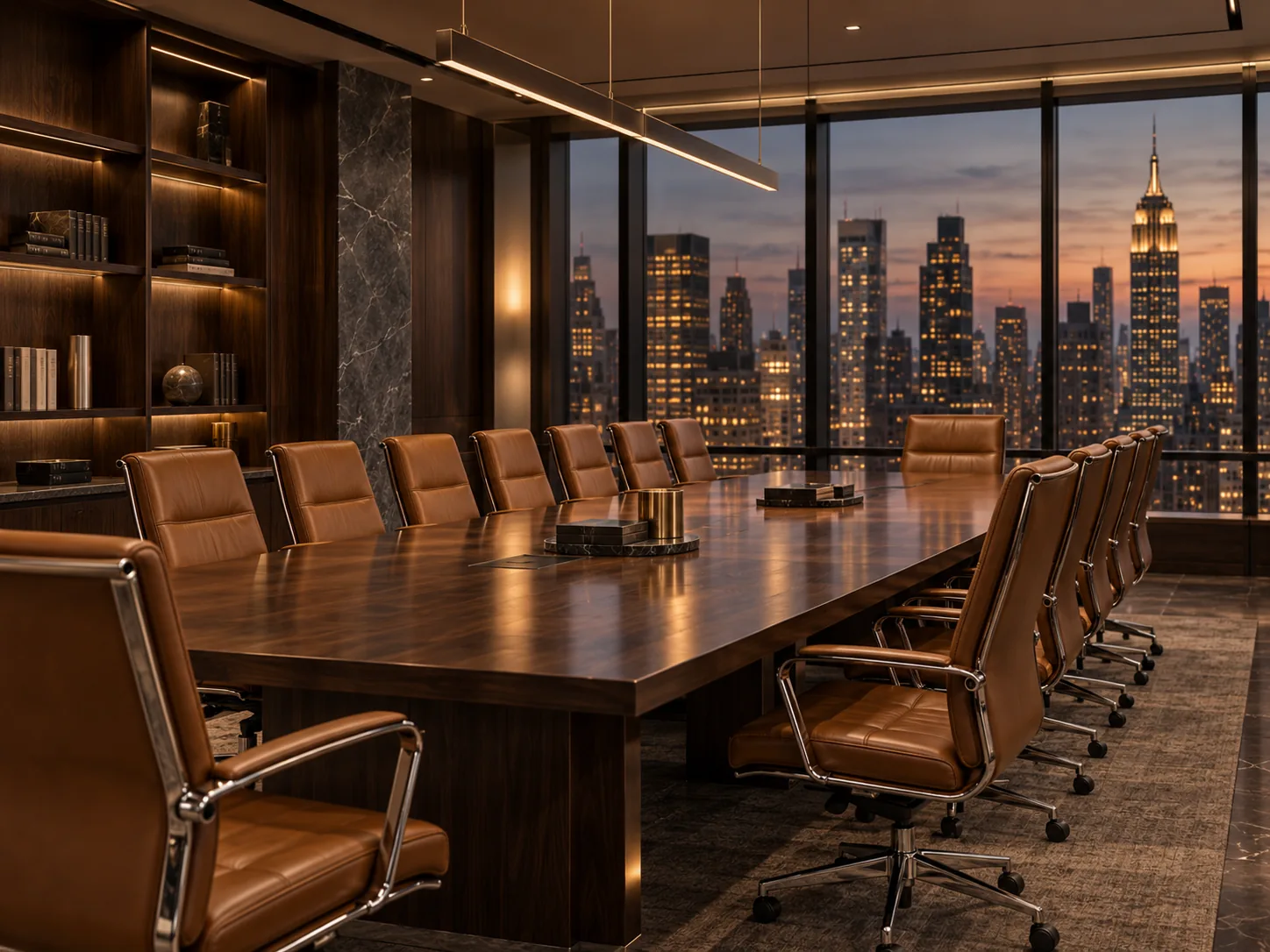 A law firm conference room with a library wall and cognac leather chairs