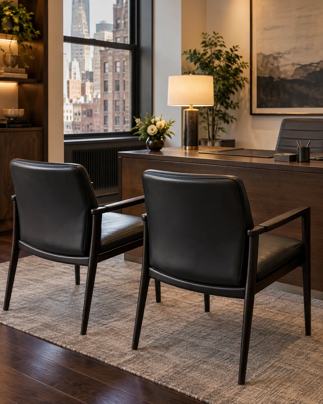 Leather guest chairs in a leasing office