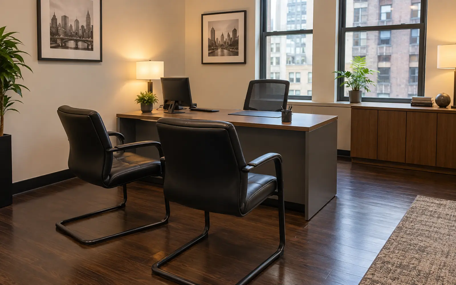 Leasing office in a residential building with two guest chairs facing a desk
