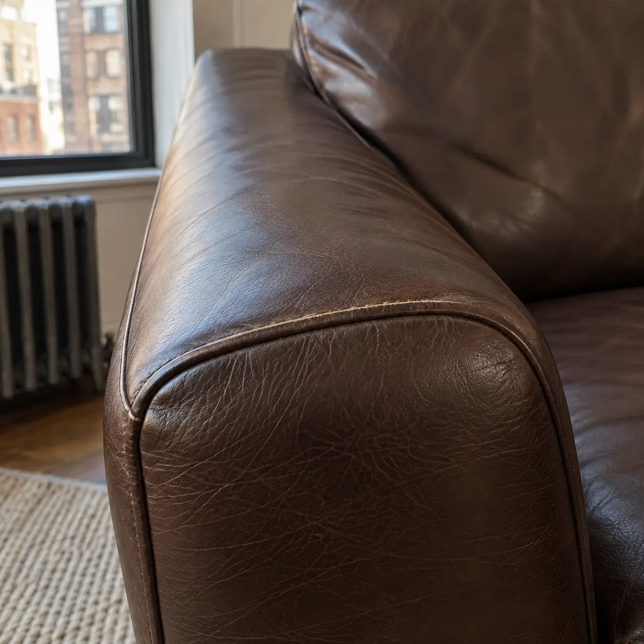 The first pale wear line along a leather sofa arm