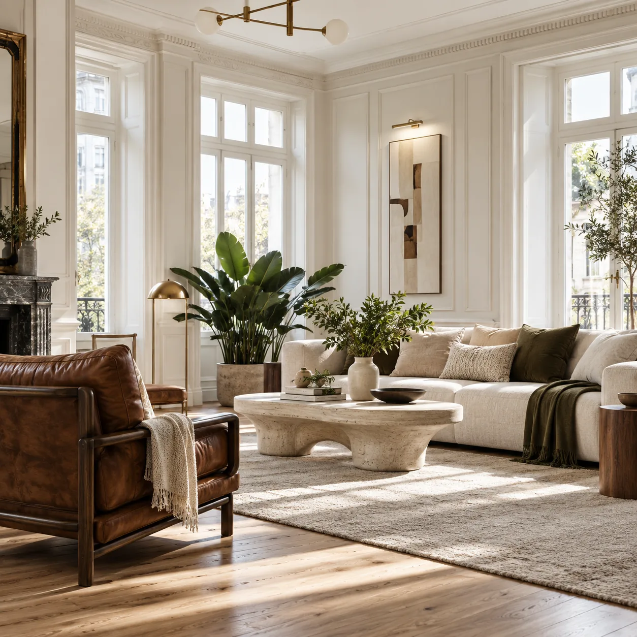 Leather armchair in a bright living room