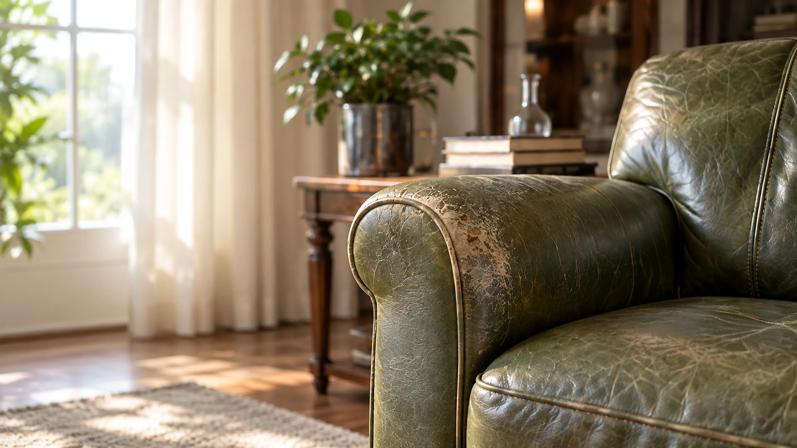 Worn green leather armchair