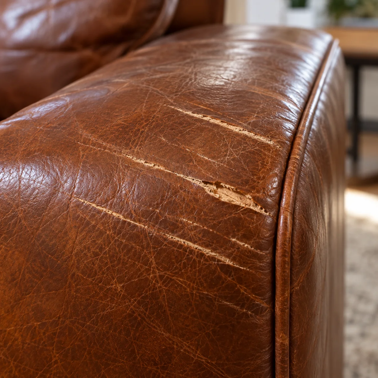 Scratches and gouges on a leather armrest from moving