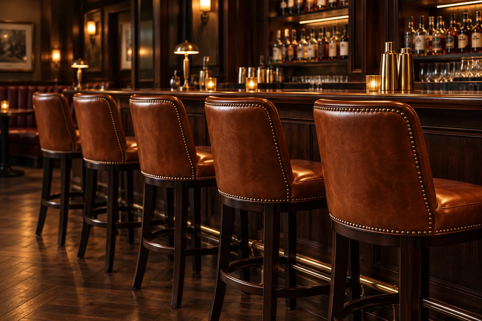 Row of leather bar stools with nailhead trim at a counter