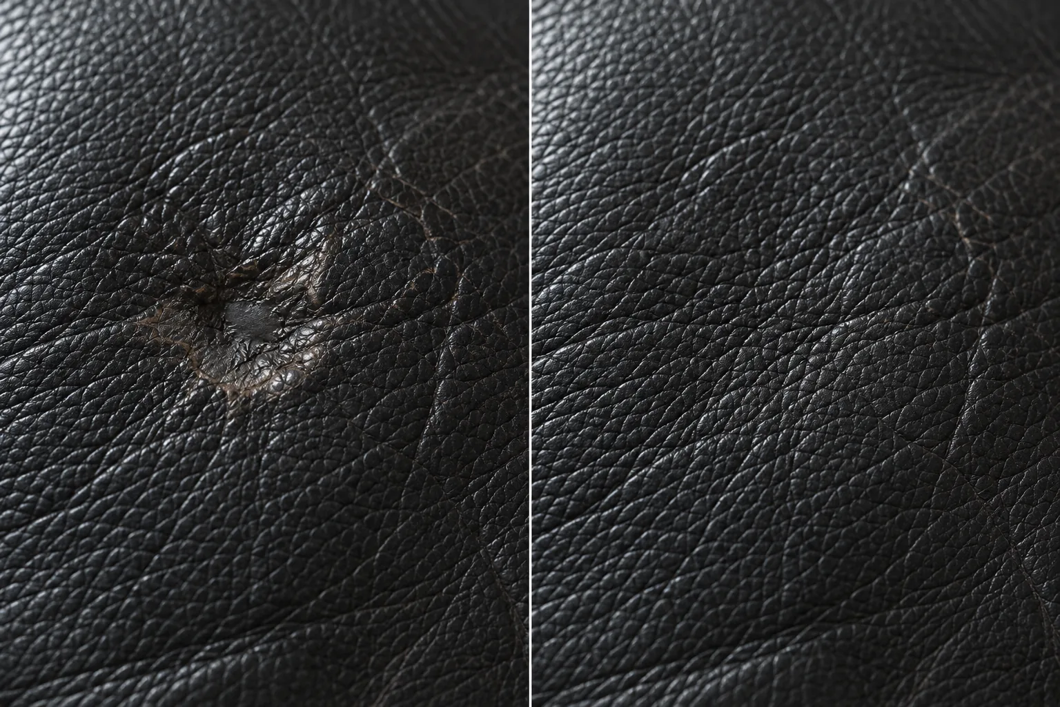Burn in a black leather panel before and after