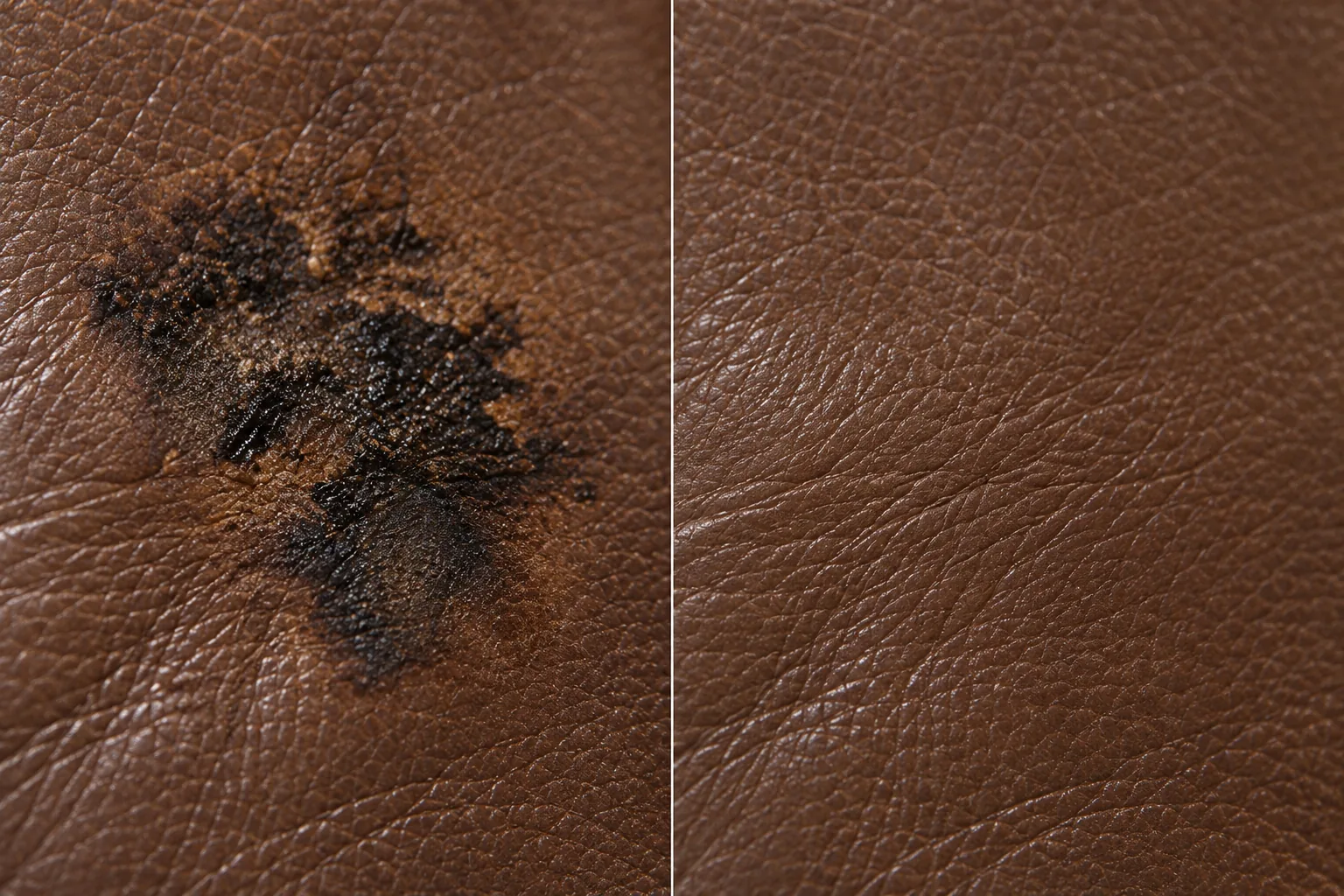 Scorch mark on brown leather before and after