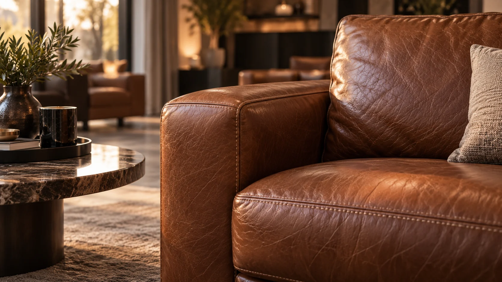 Brown leather sofa arm up close