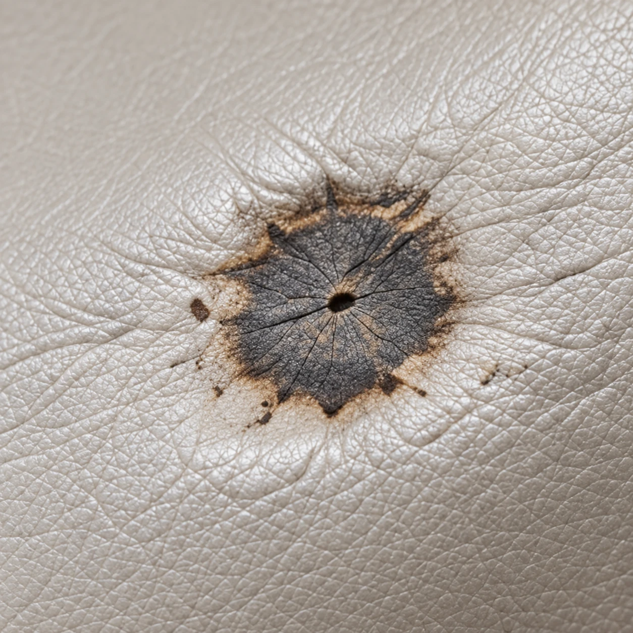 A cigarette burn with a scorched ring in light leather