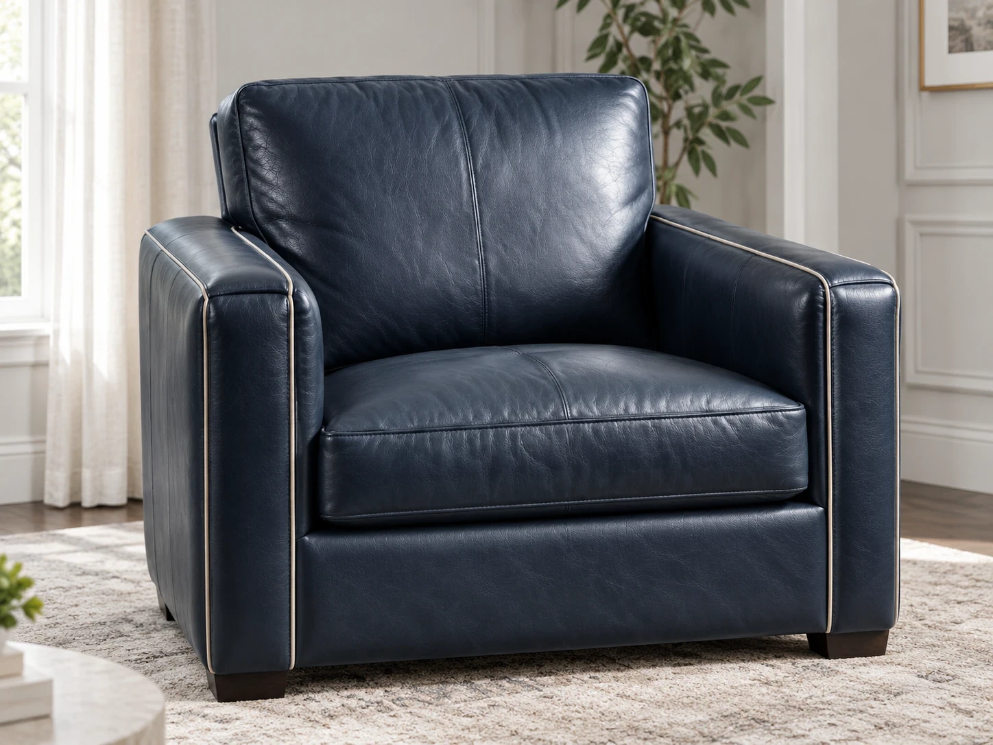 Navy leather armchair after reupholstery