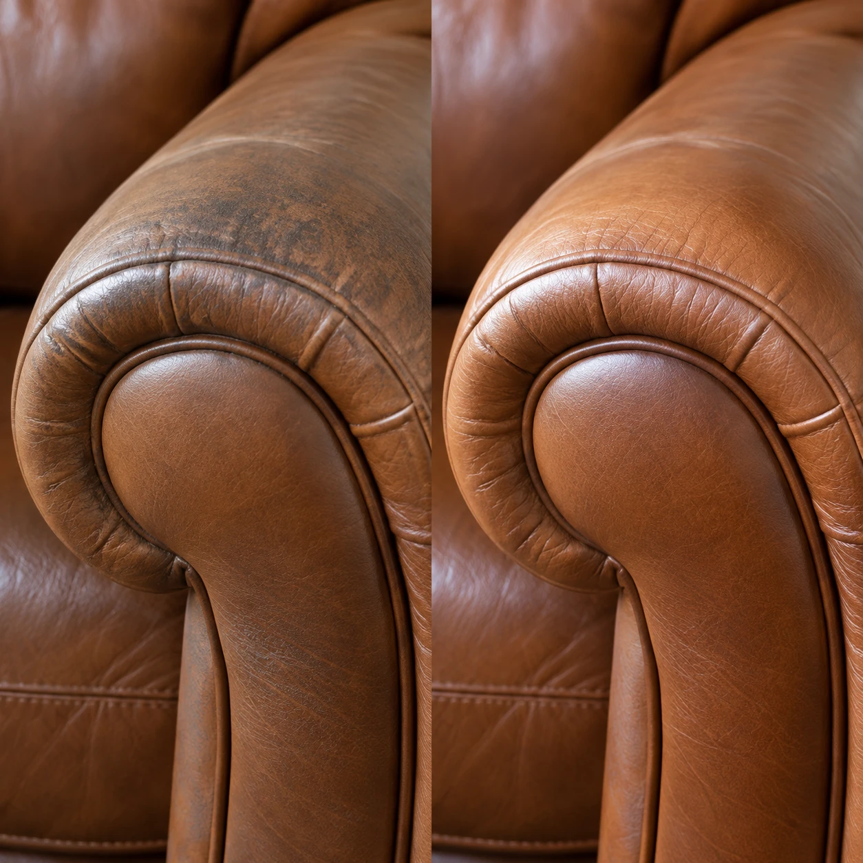 Cognac rolled arm before and after cleaning