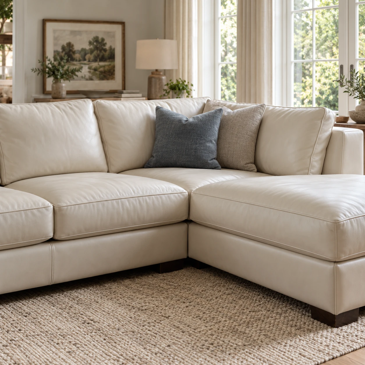 Pale leather sectional in a summer house