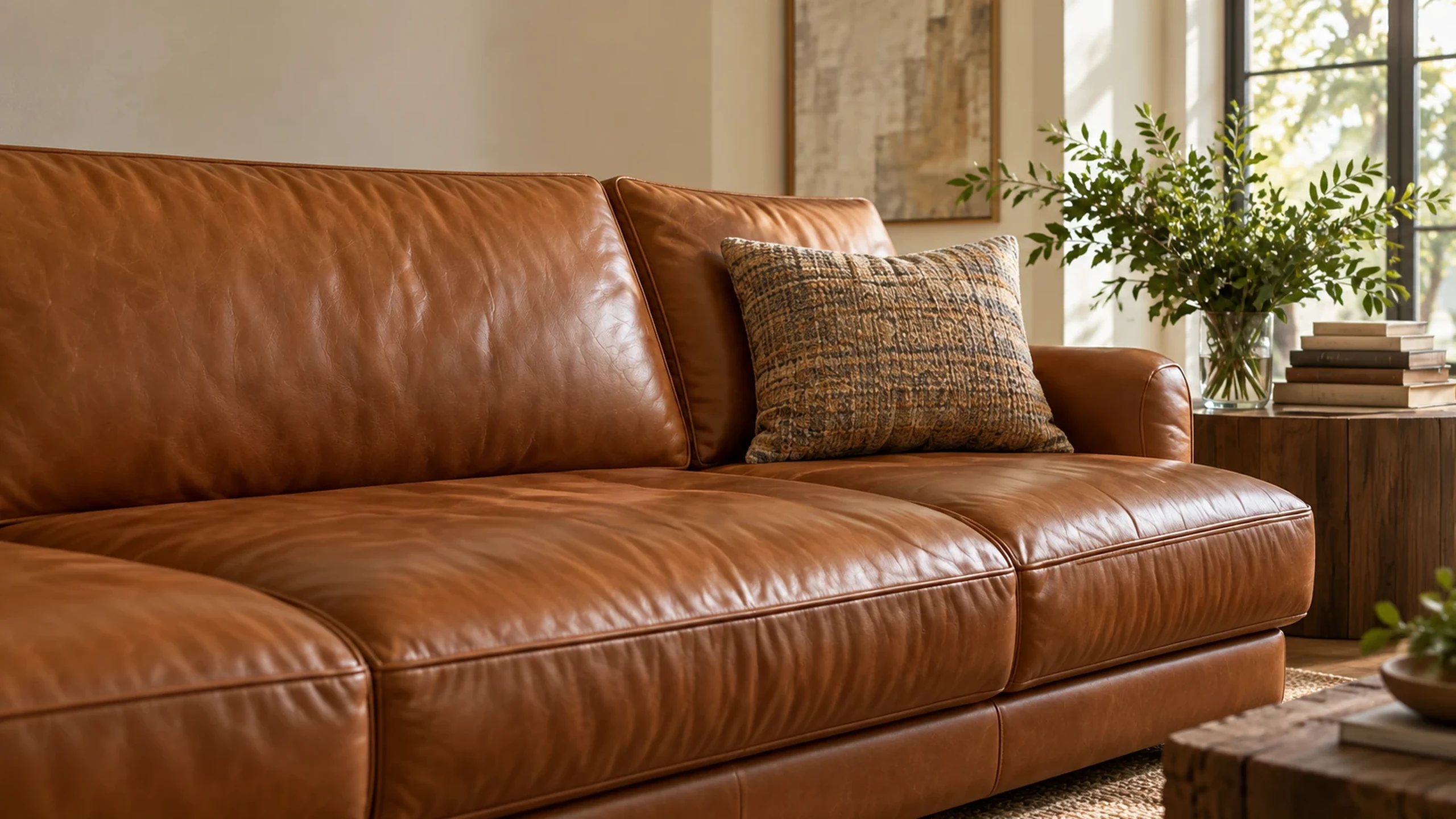 Leather repair Suffolk County: a cognac leather sofa in a bright Long Island living room