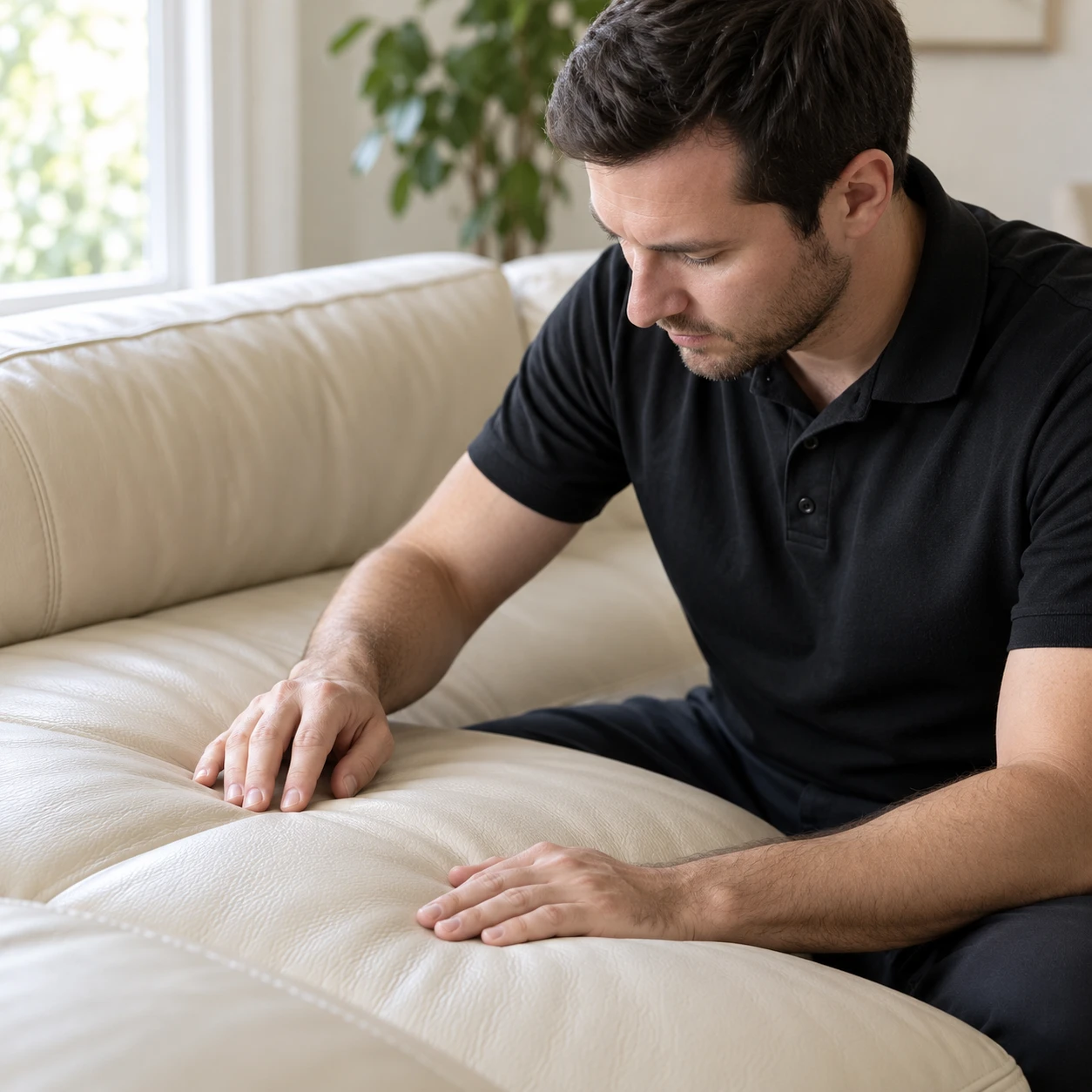 Technician inspecting the finish of a cream leather sofa