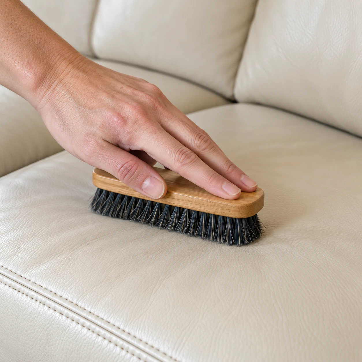 Soft brush lifting dirt from cream leather