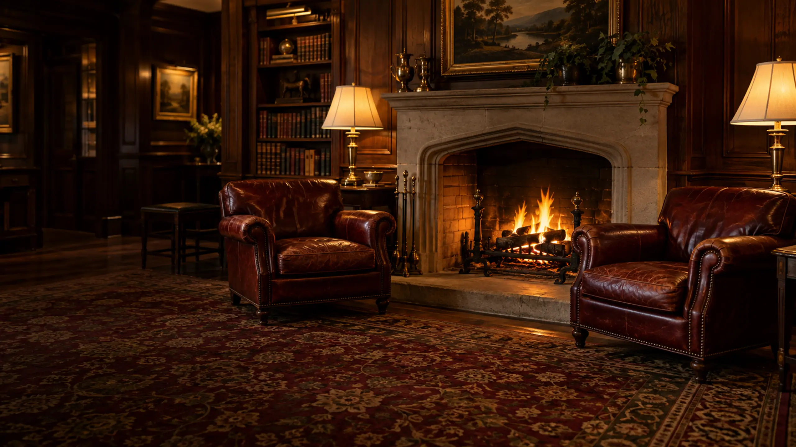 Two antique leather club chairs by a fireplace