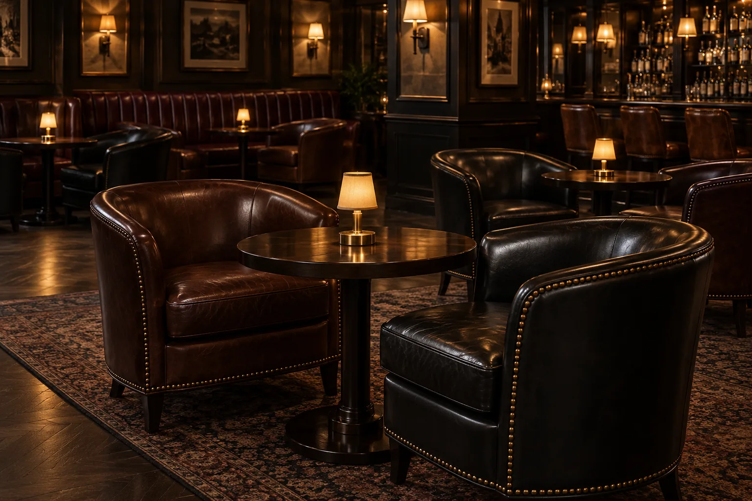 Leather club chairs around a small table in a cocktail bar lounge