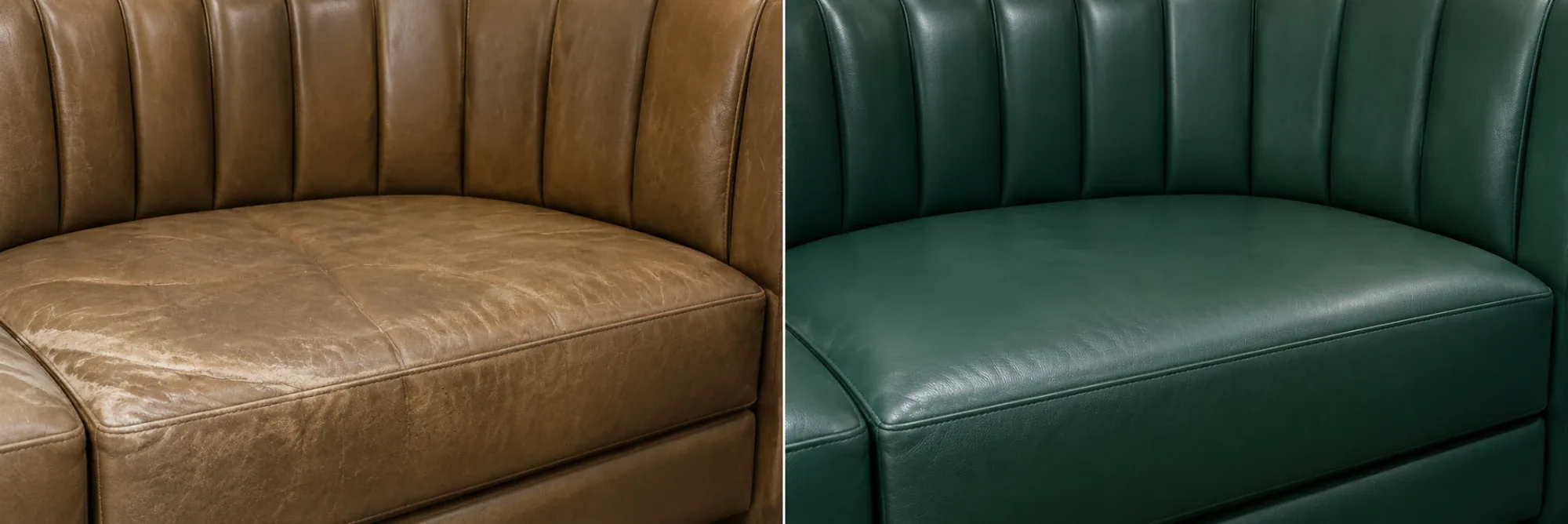 Before and after of a tan banquette recovered in green leather