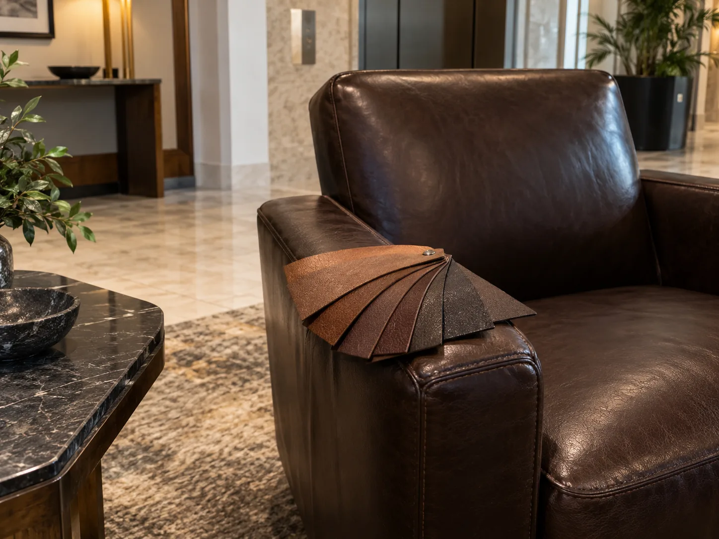 A leather colour fan held against a lobby chair