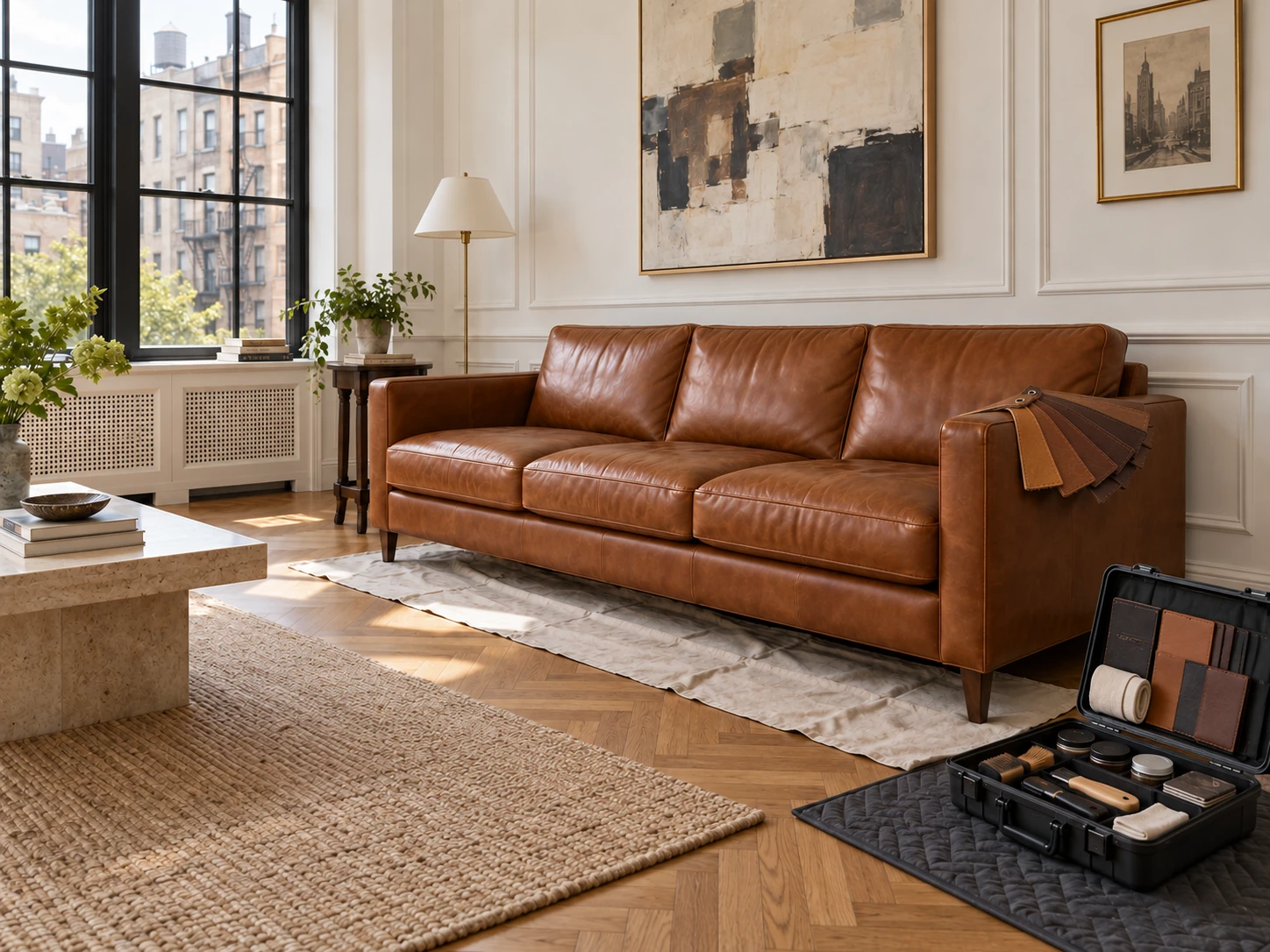 Leather color swatches held against a sofa arm in apartment daylight