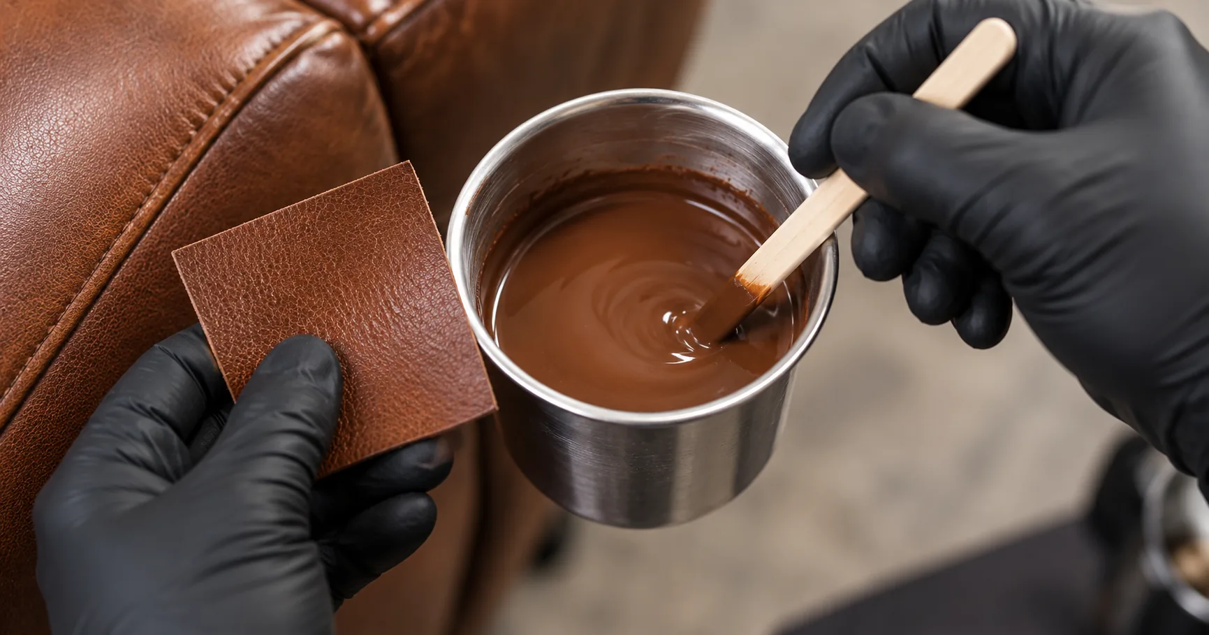 Pigment mixed in a cup beside a leather swatch