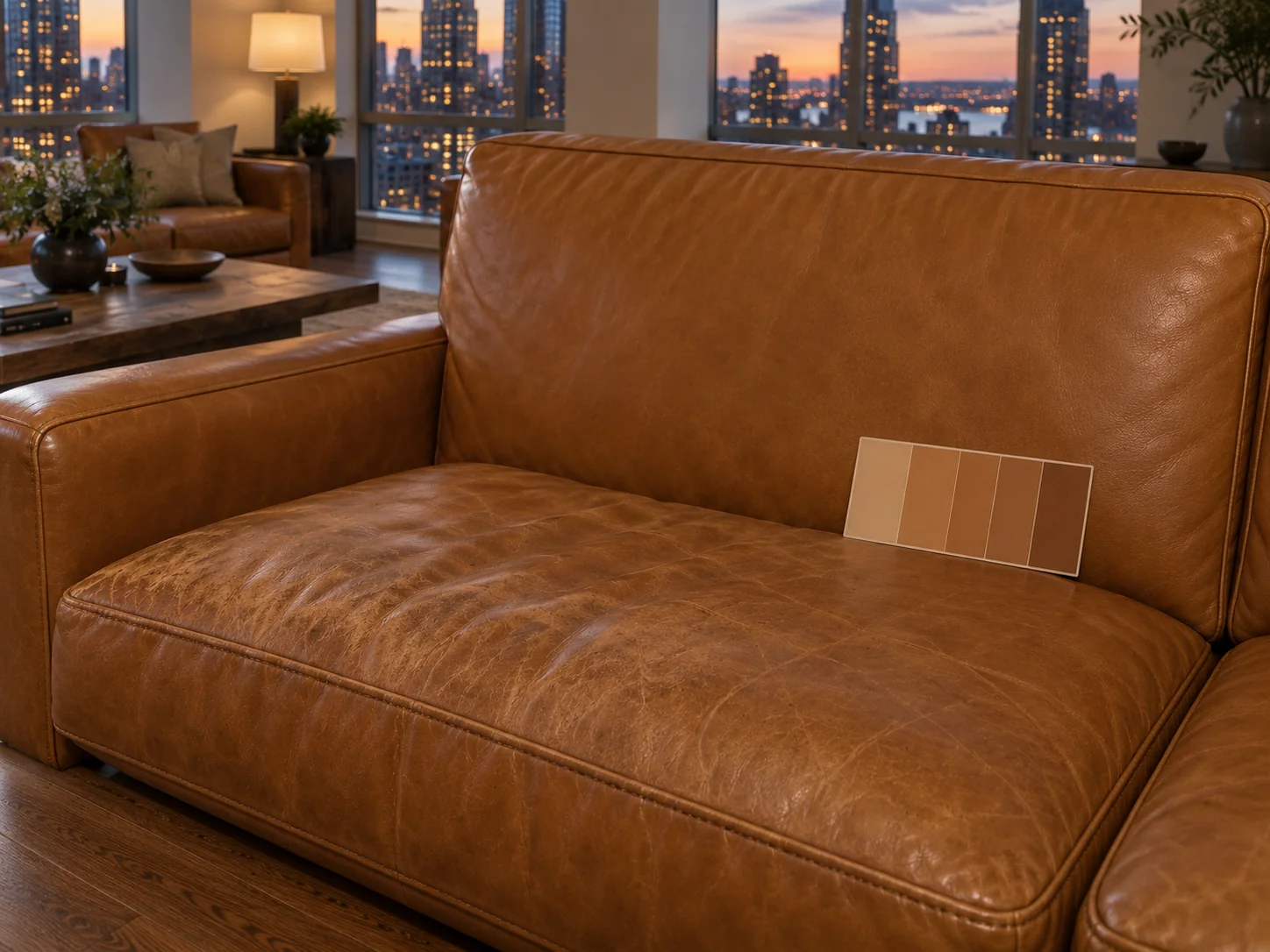 Colour swatch held against a leather sofa to match the colour