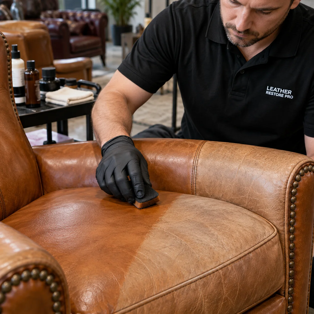 Color being restored on a faded leather seat