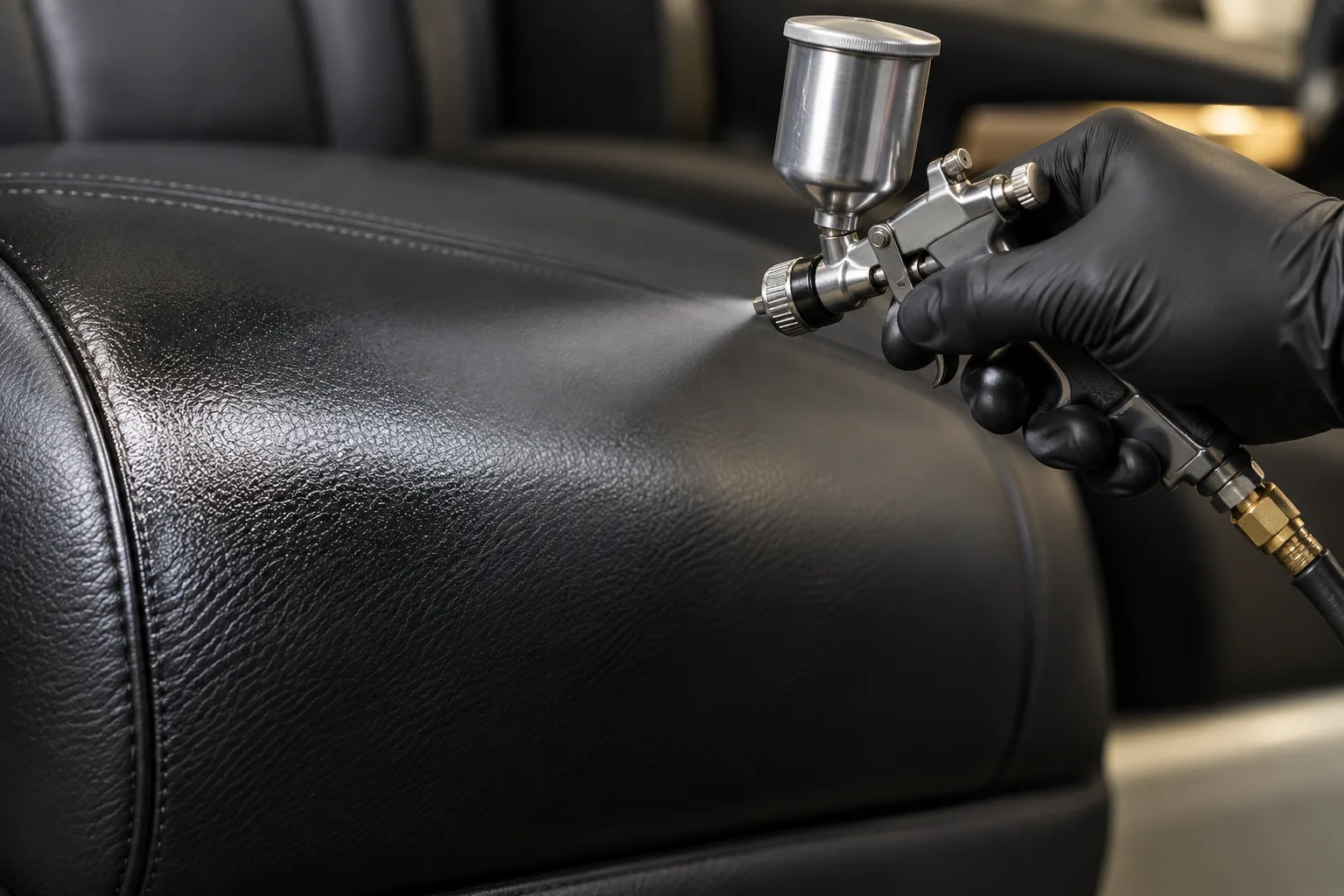 Spraying restored color across a leather seat panel
