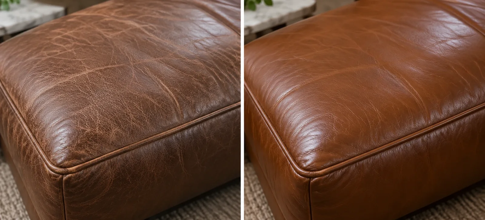 Tired leather cushion before and after conditioning