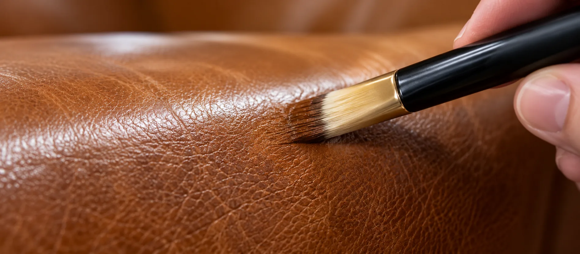 Brush applying color to cognac leather