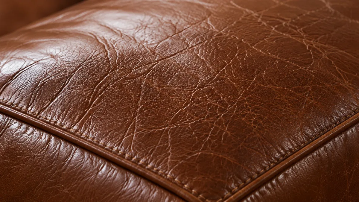 Deep original color held in the crevice where two leather sofa cushions meet