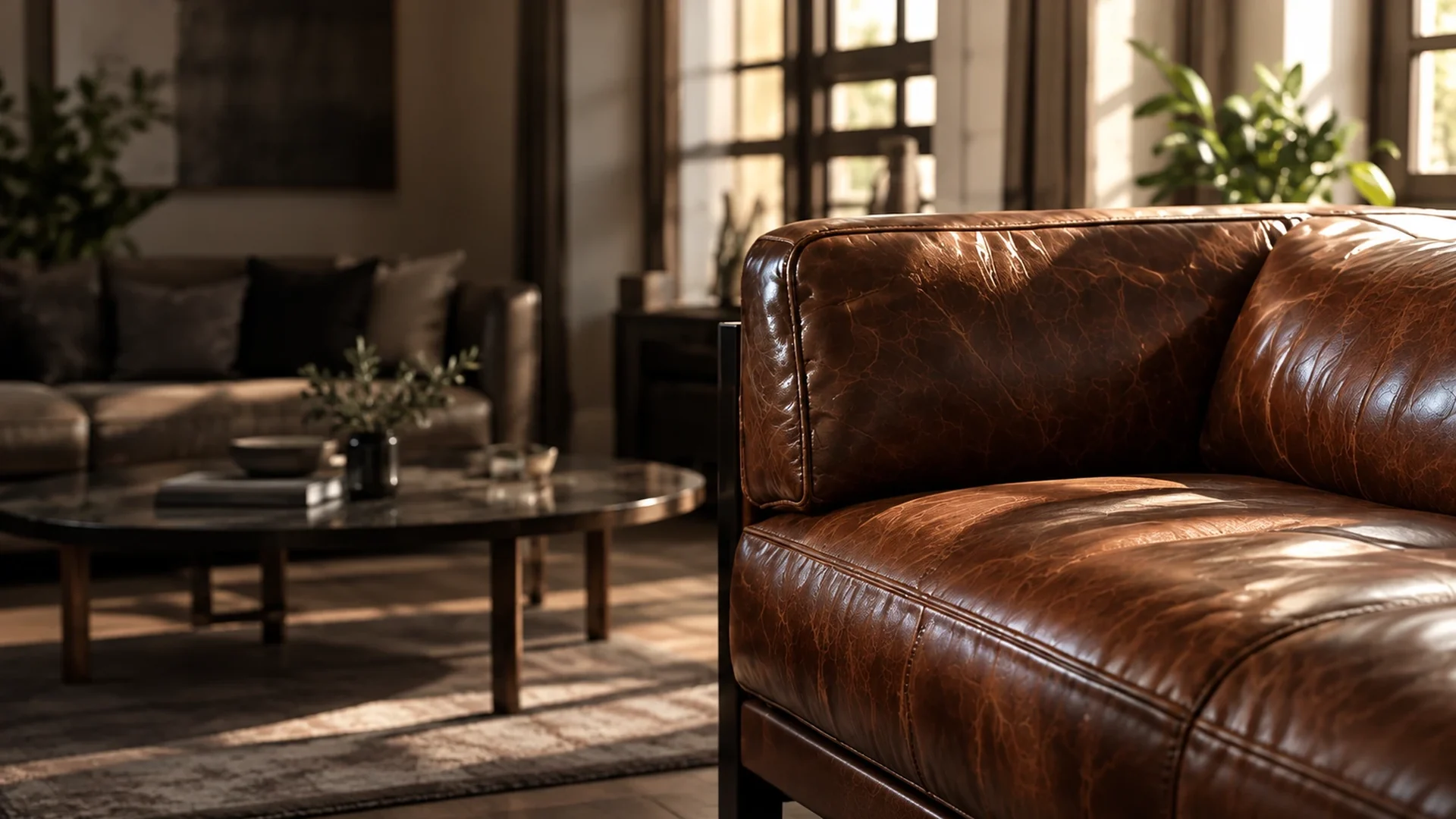 Leather repair Gramercy: a brown leather sofa in a pre-war living room