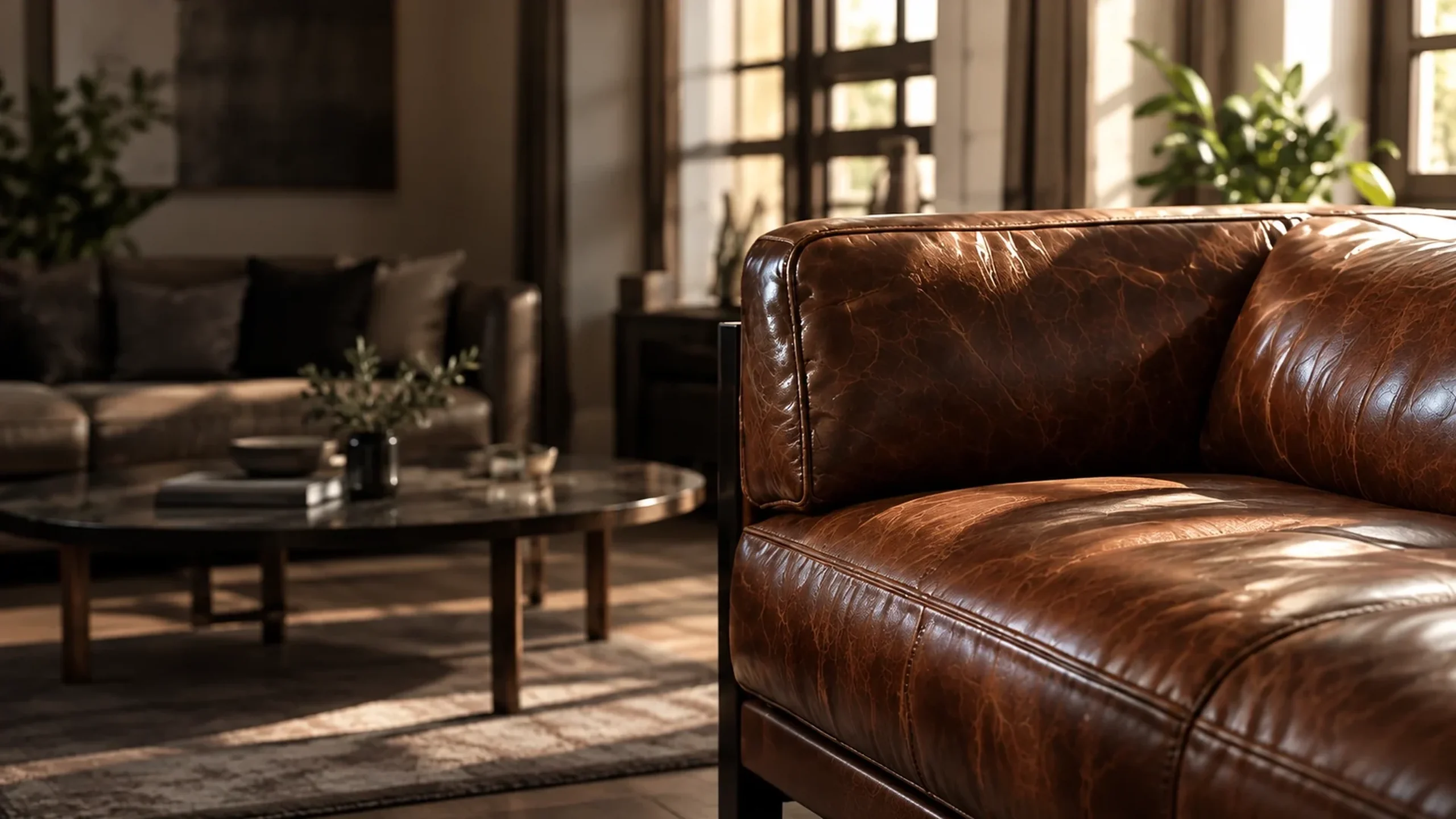 Furniture repair Bergen County NJ: a brown leather sofa in a family living room