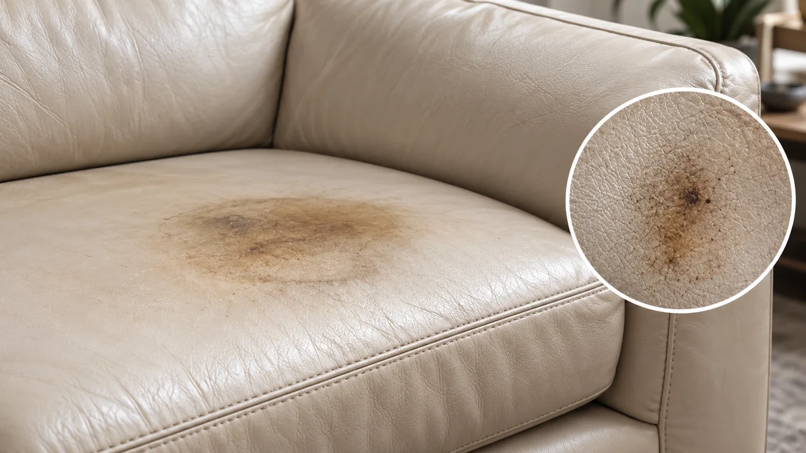 Dark oil stain on a cream leather seat