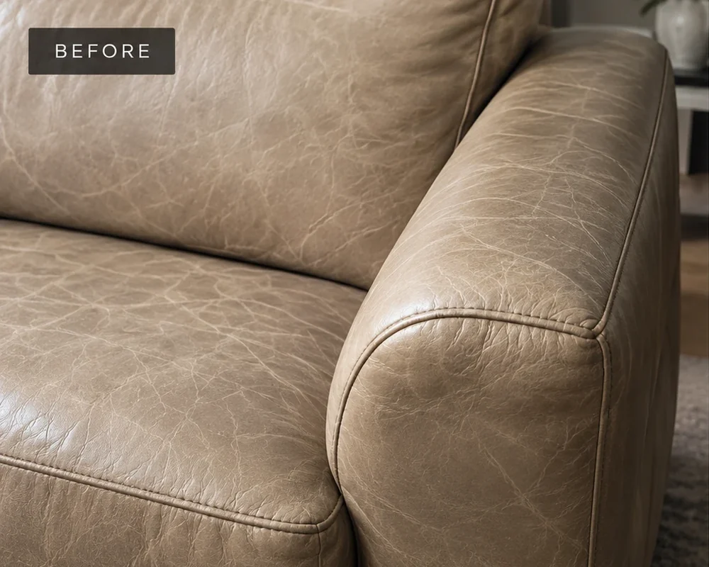 Dry taupe leather arm, before