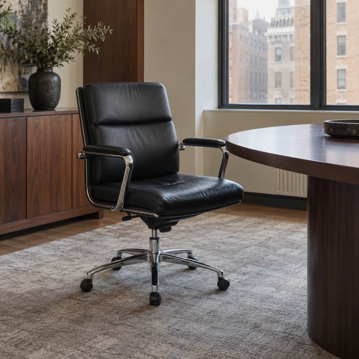A black leather conference chair