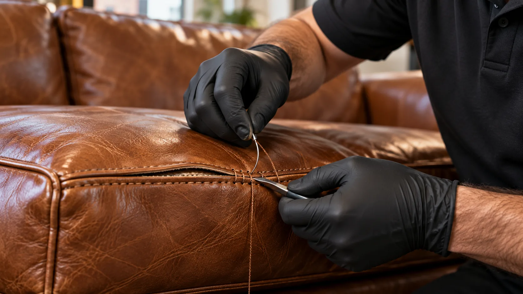 A technician hand-stitching a split seam on a leather couch cushion