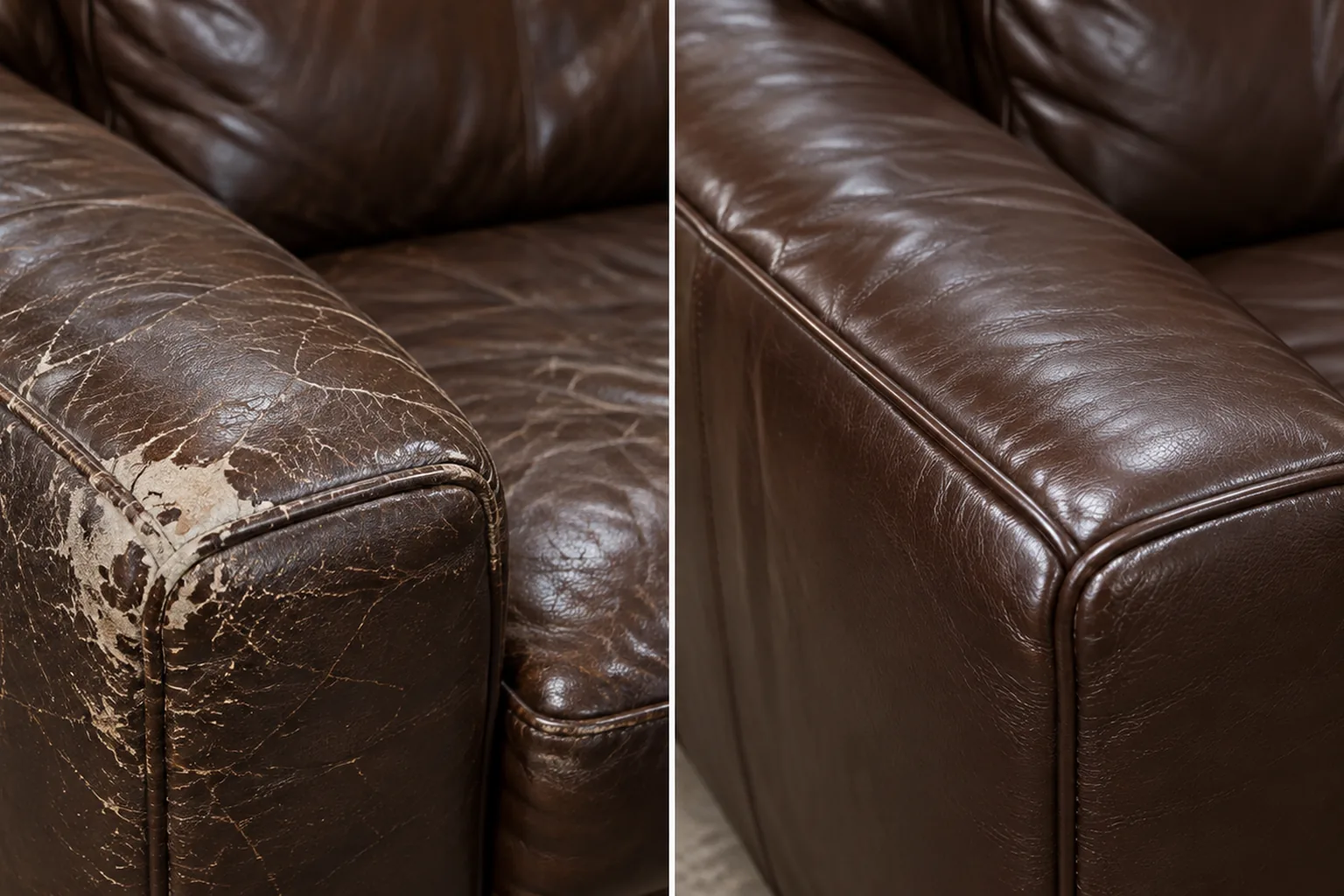 Wide cracking at a leather arm corner, before and after repair