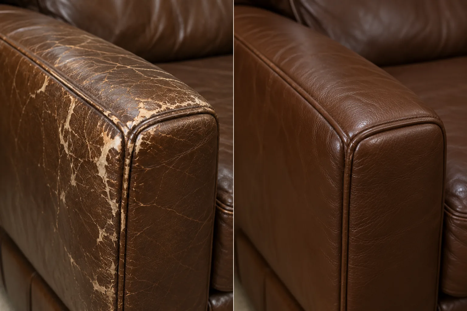 Leather arm panel flaking away in sheets, before and after repair